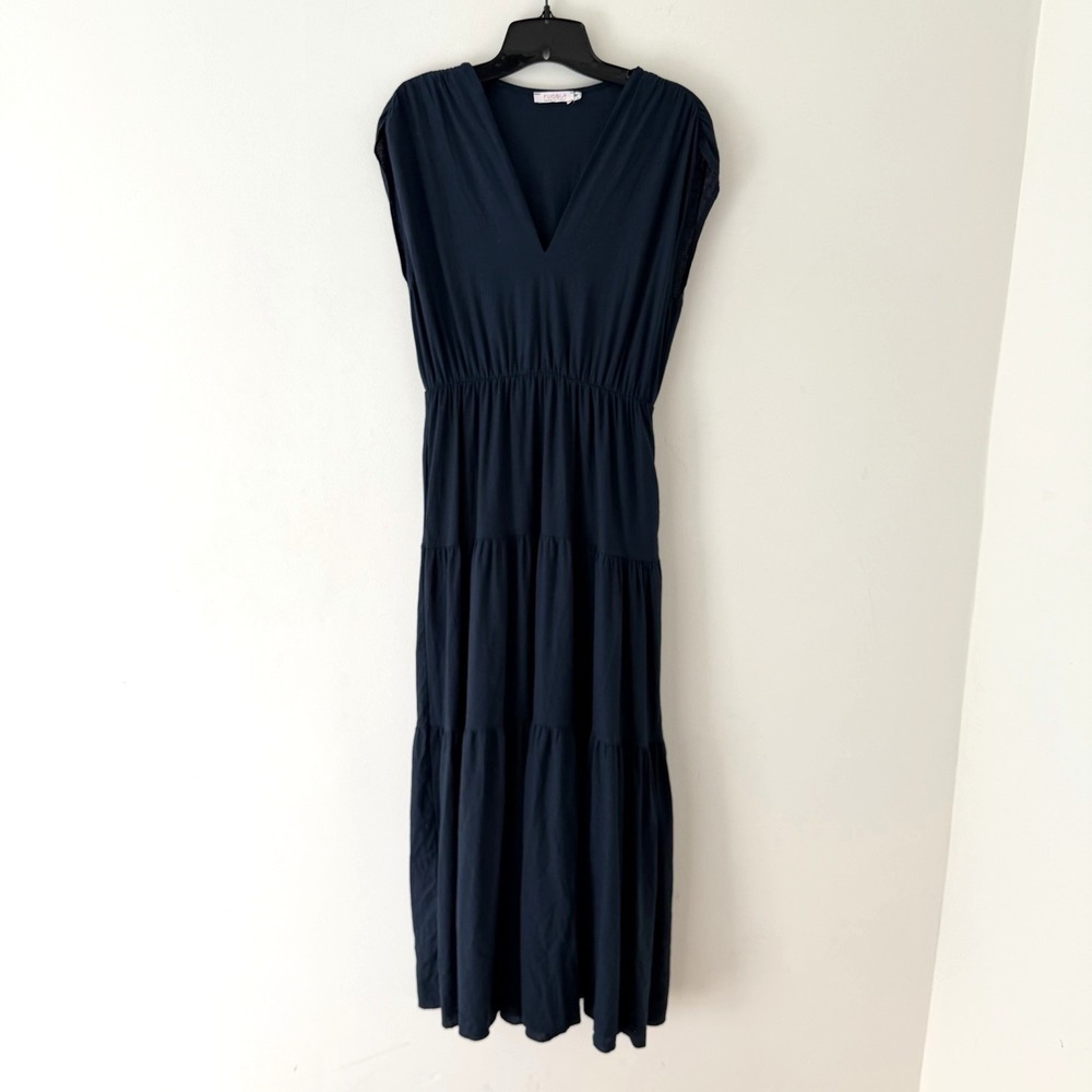Blue Linen Blend‎ Maxi Dress Size M Tiered Sleeveless Flowy Minimalist Coastal